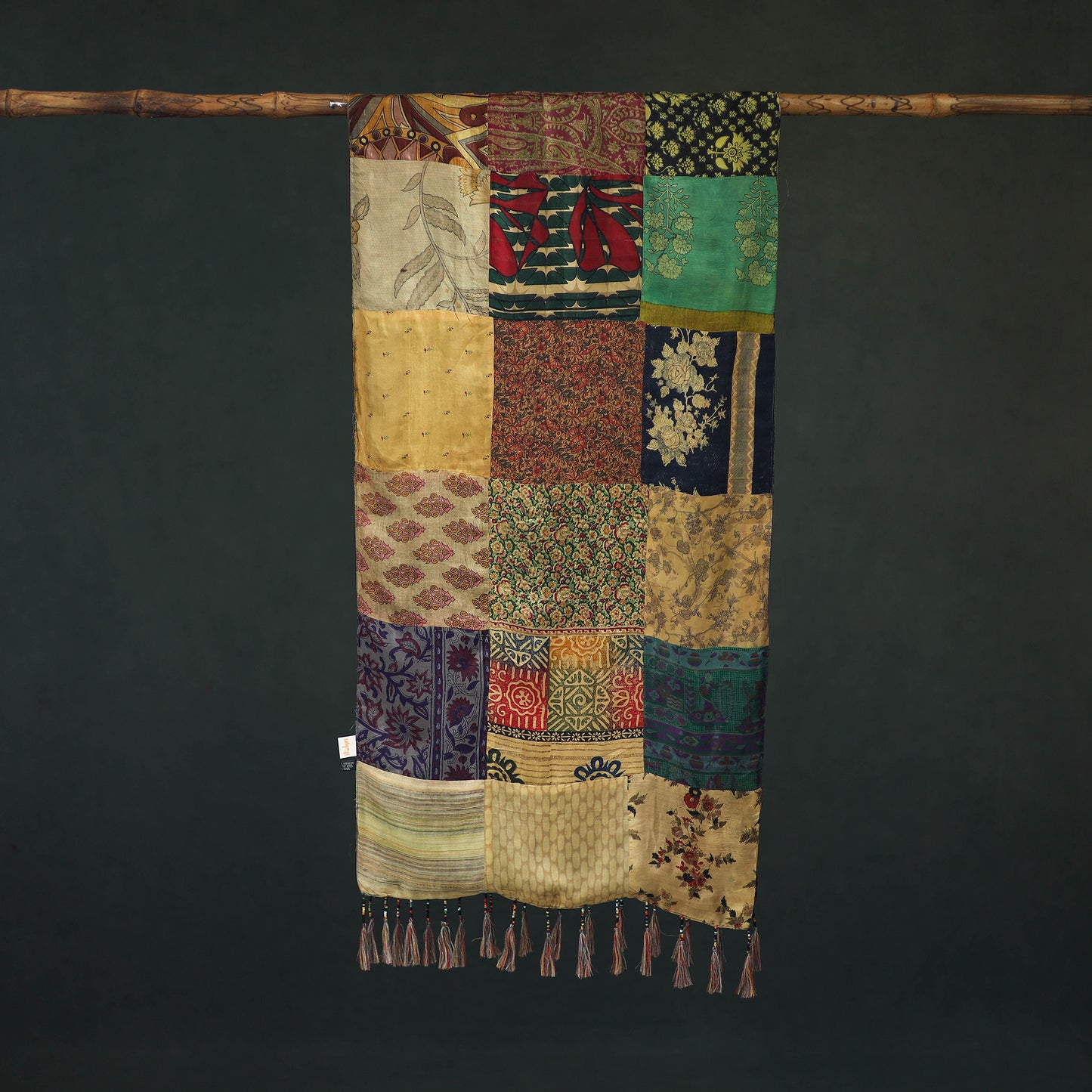 Pure Silk Reversible Patchwork Stole with Tassels 23