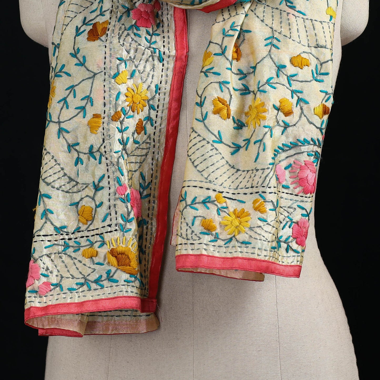 Beige - Ranihati Chanderi Silk Hand Embroidered Stole 144