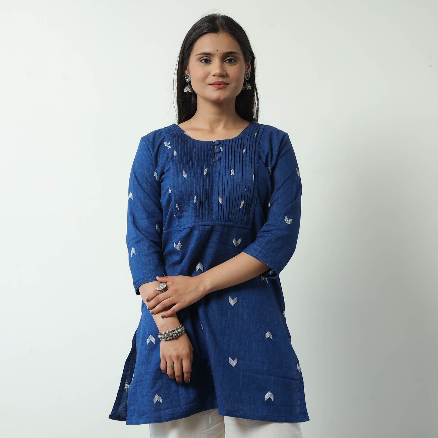 Blue - Jacquard Cotton Pintuck Short Kurta 33