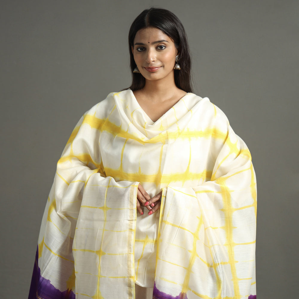 Yellow - Shibori Tie-Dye Handloom Chanderi Silk Dupatta with Zari Border 46