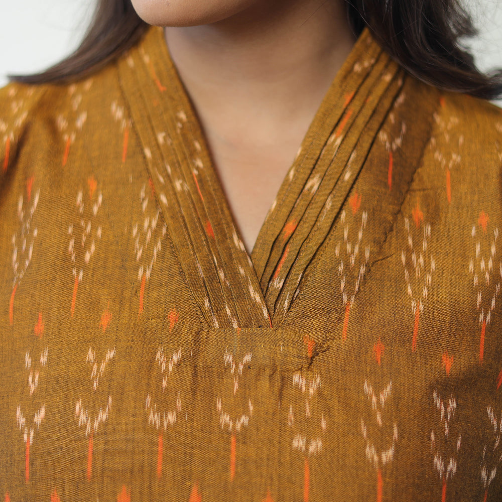 Brown - Mercerised Cotton Pochampally Ikat Kurta (Straight) 14