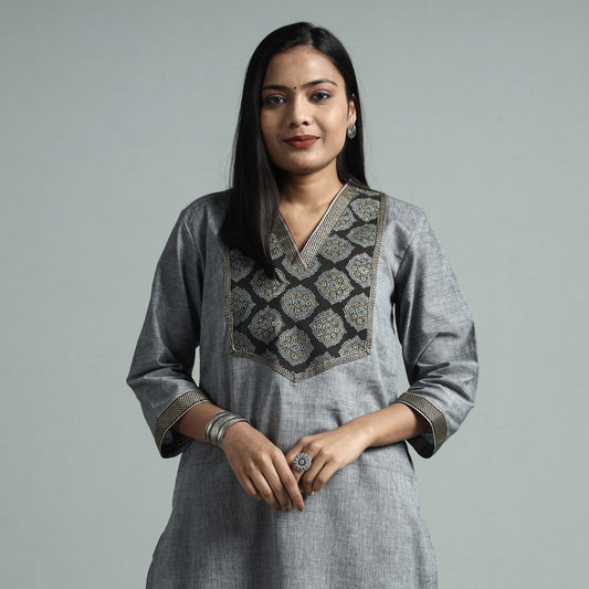 Grey - Dharwad Cotton Straight Kurta with Ajrakh Patchwork