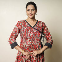 Red - Bagru Block Printed Cotton Angrakha Flared Dress 10