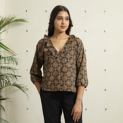 Brown - Ajrakh Block Printed Cotton Crop Top 02