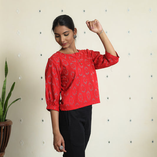 Red - Pochampally Ikat Full Sleeve Cotton Crop Top 05