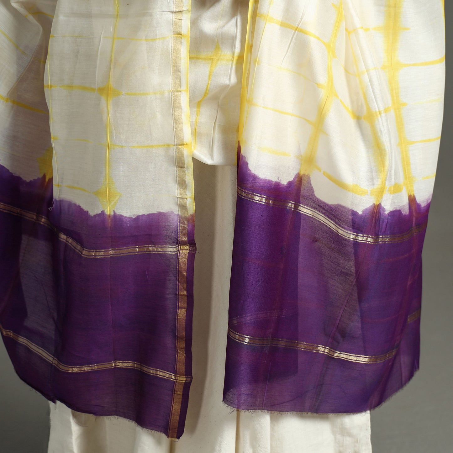 Yellow - Shibori Tie-Dye Handloom Chanderi Silk Dupatta with Zari Border 46