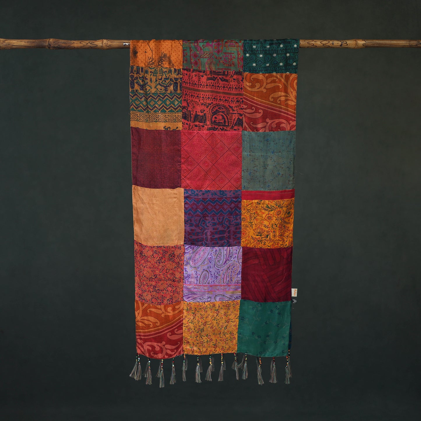 Pure Silk Reversible Patchwork Stole with Tassels 21