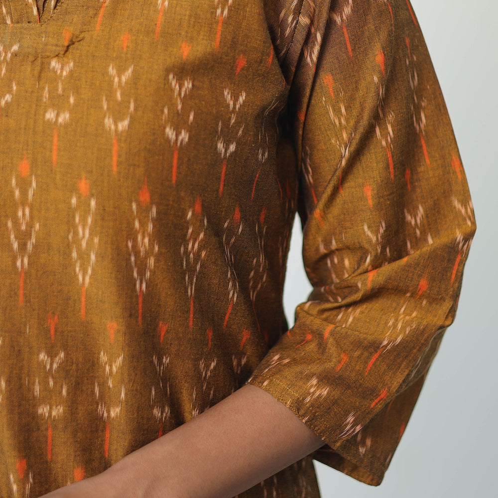 Brown - Mercerised Cotton Pochampally Ikat Kurta (Straight) 14