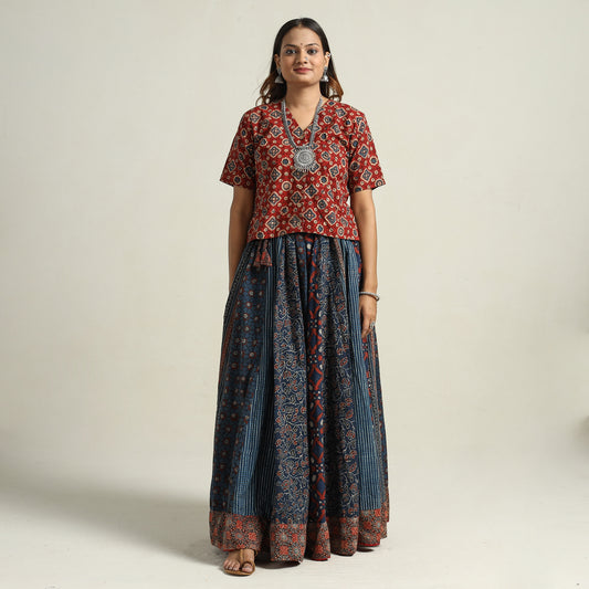 Ajrakh Block Printed 24 Kali Patchwork Cotton Long Skirt 35