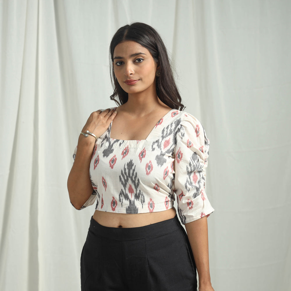 White - Handloom Cotton Central Asian Pochampally Ikat Crop Top 09