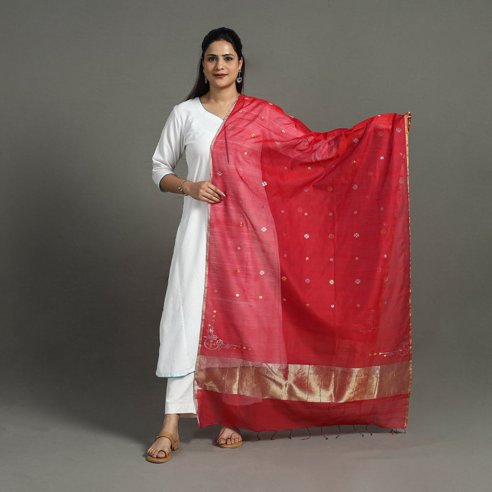 Red - Handloom Silk Cotton Zari Buti Chanderi Dupatta 16