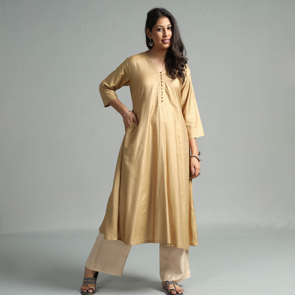 Beige - Ochre Tussar Silk Plain Kurta