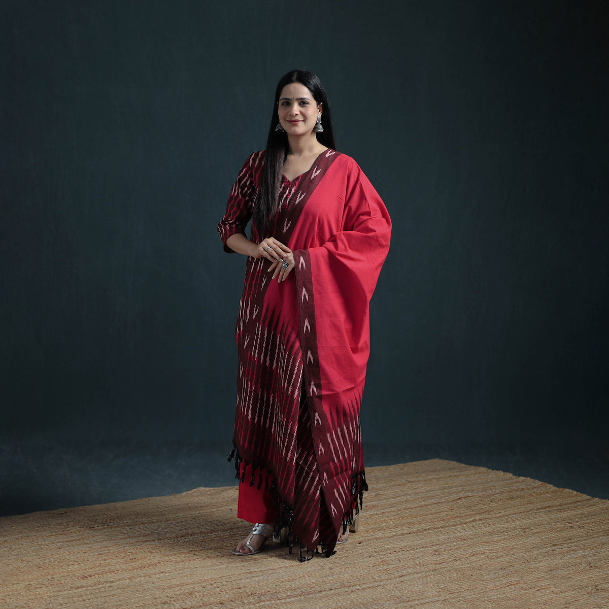 Pochampally Ikat Cotton Suit Set with Dupatta for Women 23