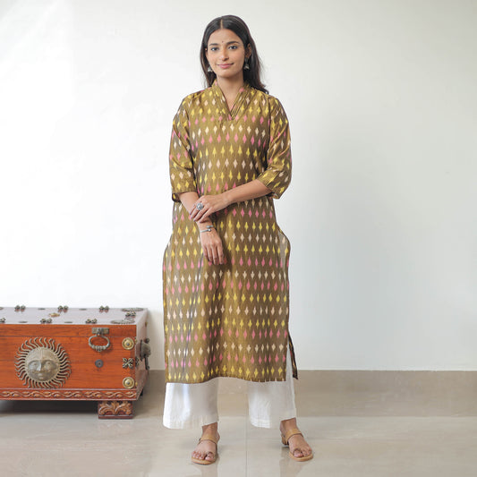 Green - Mercerised Cotton Pochampally Ikat Kurta (Straight) 12