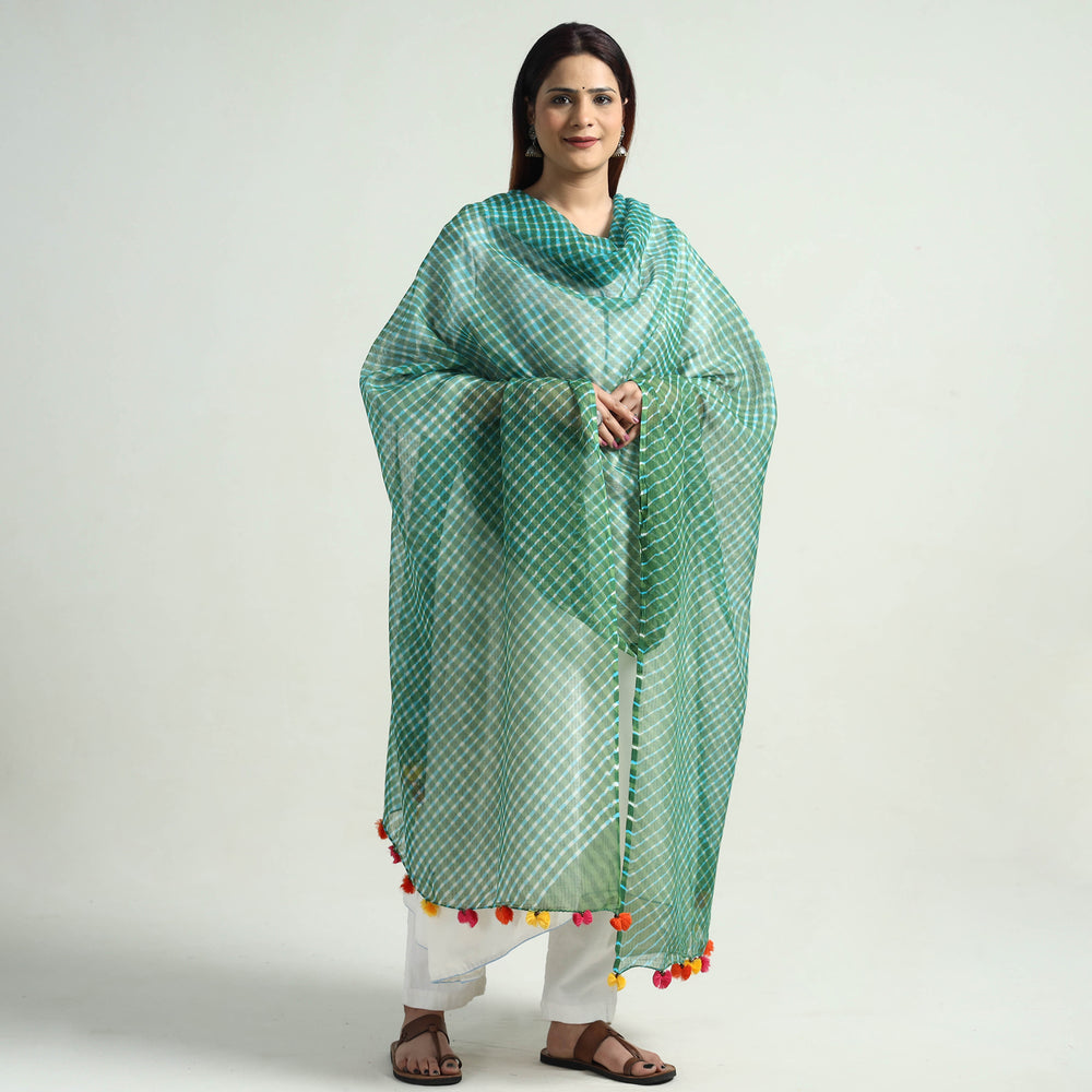 Green - Leheriya Tie-Dye Mothra Kota Doria Cotton Dupatta with Tassels 30