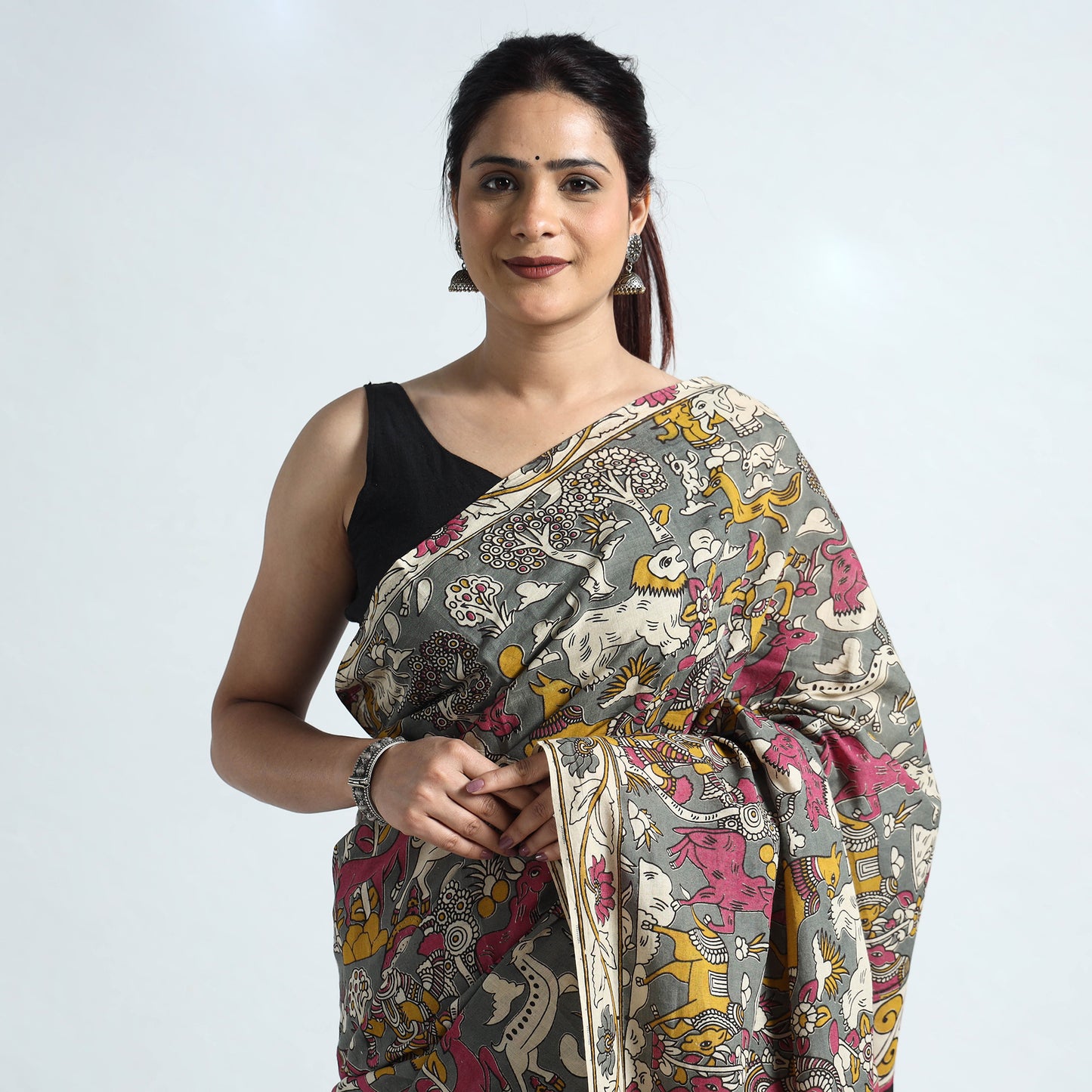 Grey - Nellore Kalamkari Printed Cotton Saree with Blouse Piece 04
