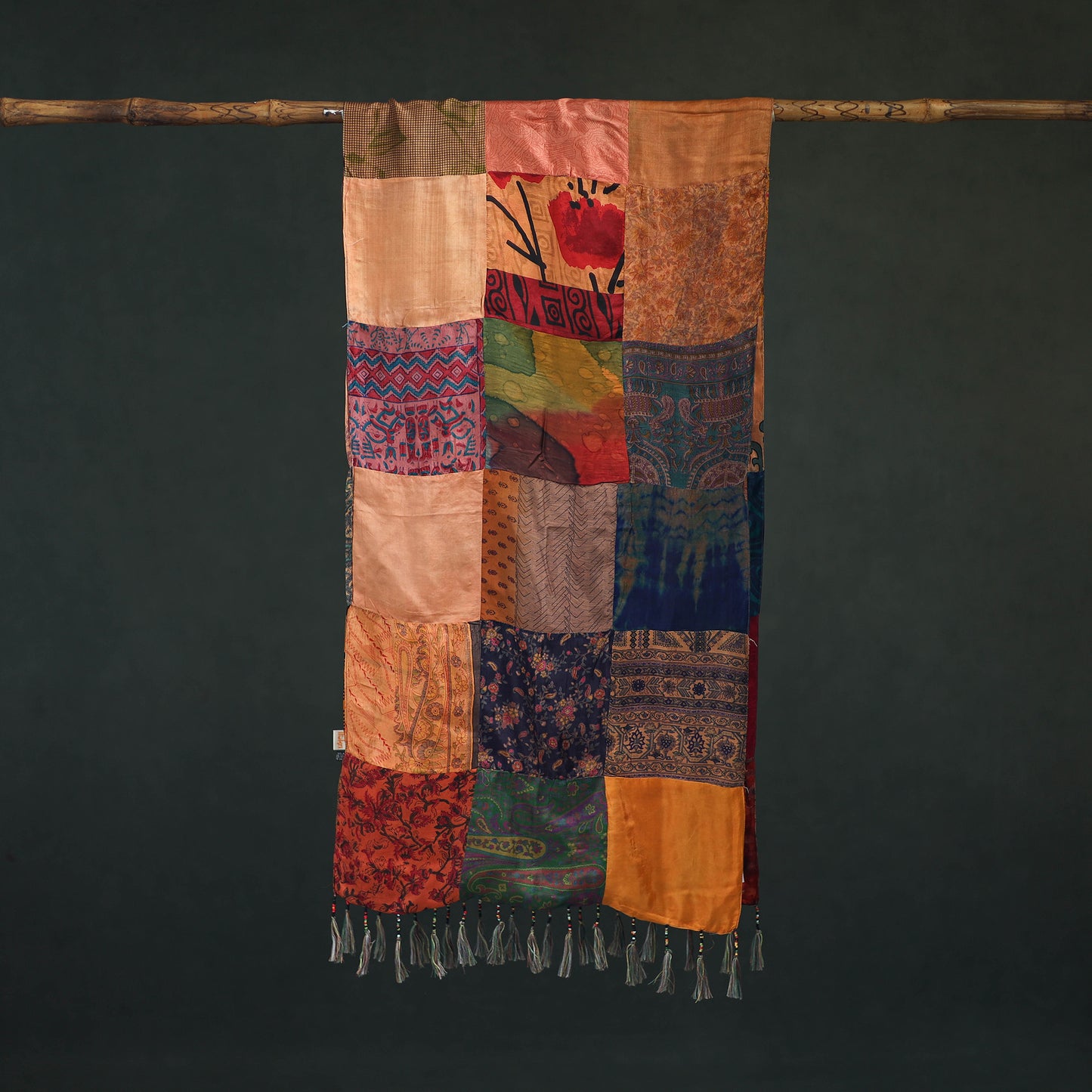 Pure Silk Reversible Patchwork Stole with Tassels 20