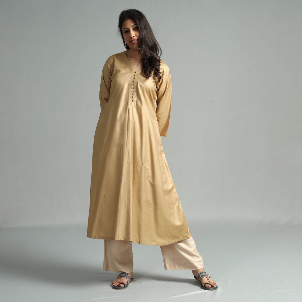 Beige - Ochre Tussar Silk Plain Kurta