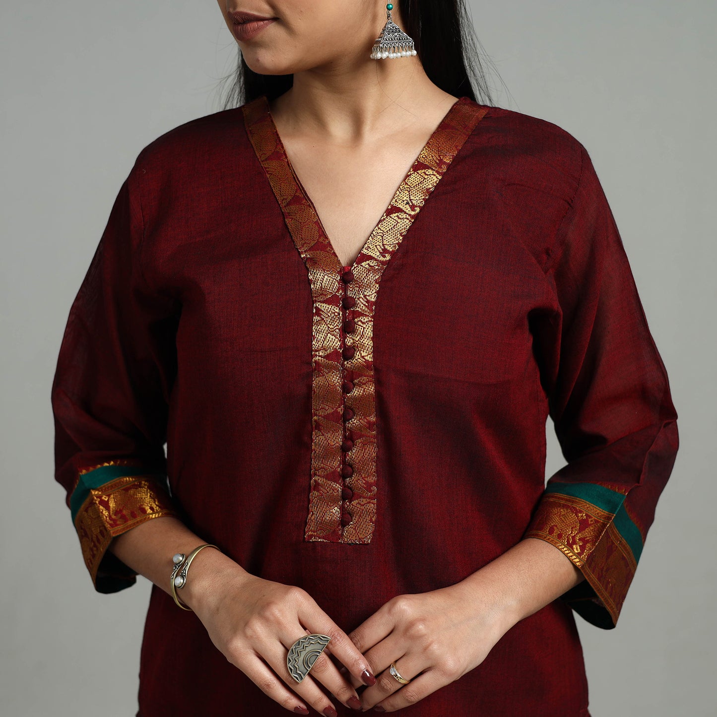 Maroon - Cotton Dharwad Kurta Set with Palazzo & Dupatta 11