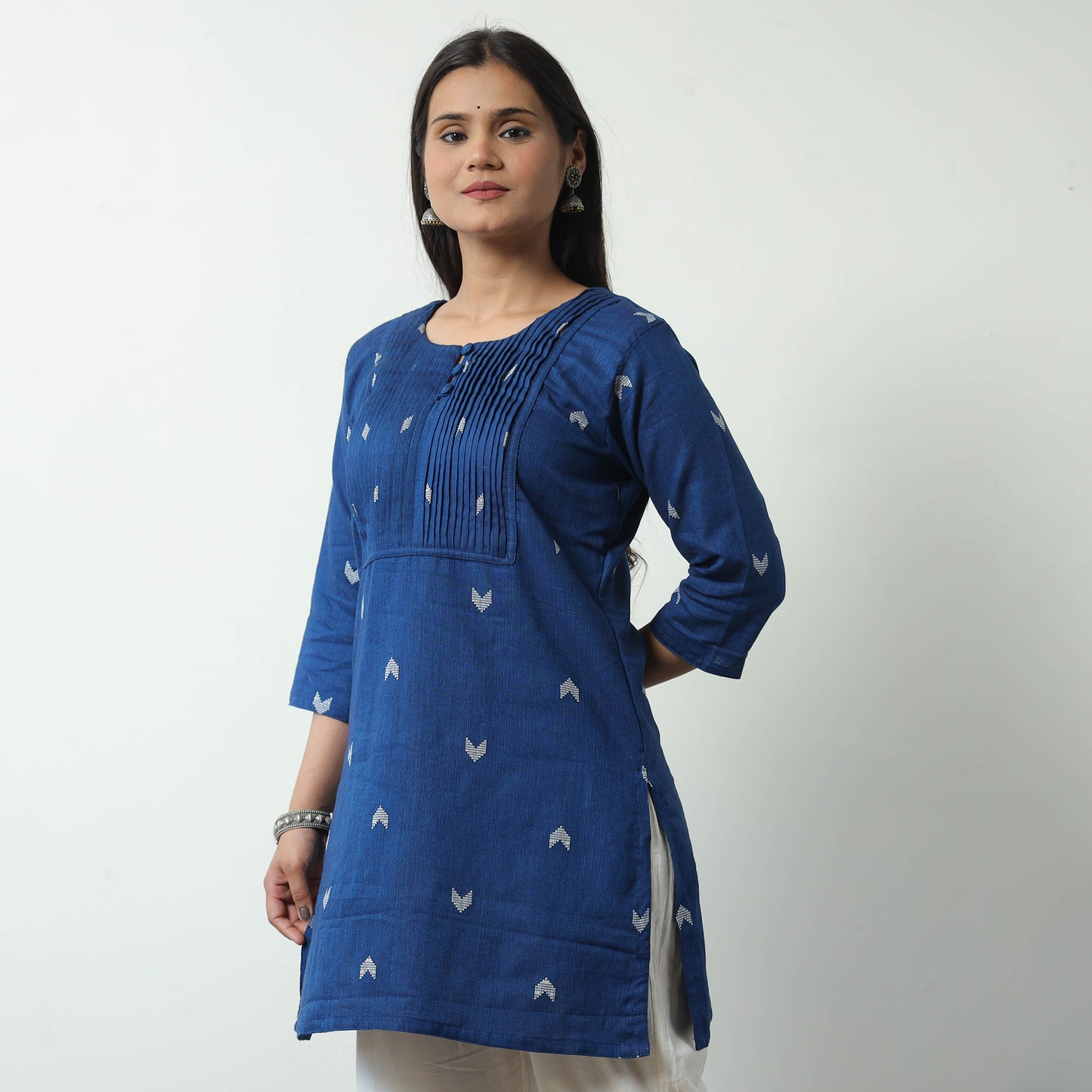 Blue - Jacquard Cotton Pintuck Short Kurta 33
