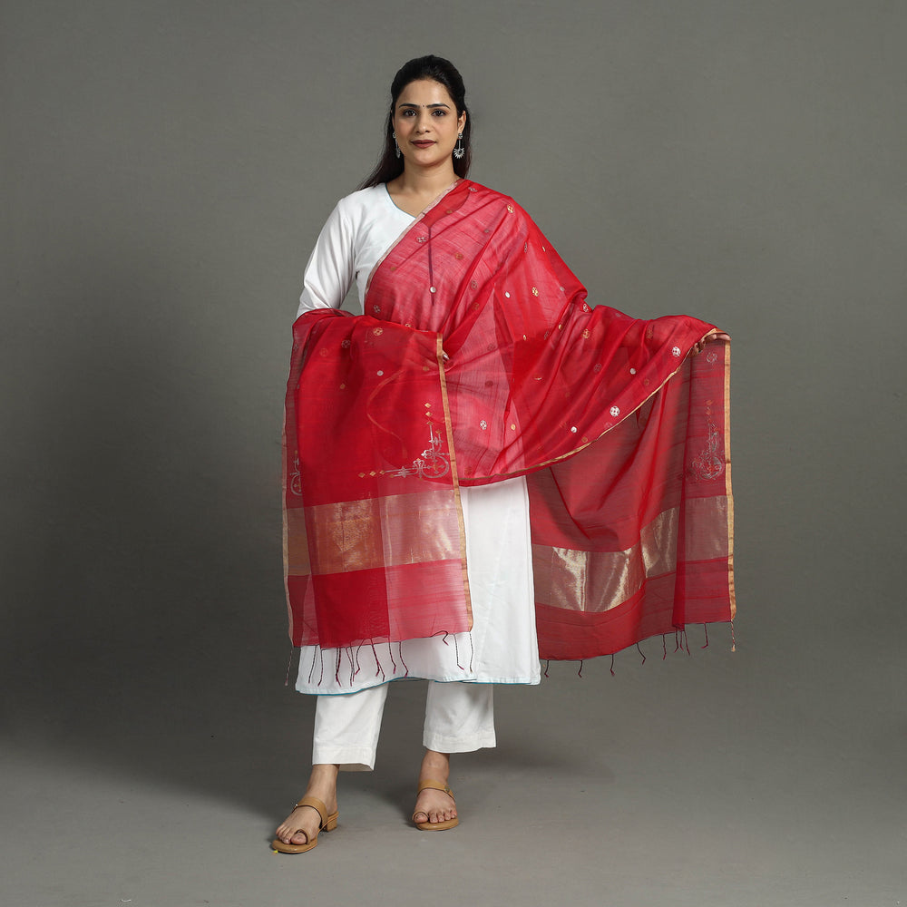 Red - Handloom Silk Cotton Zari Buti Chanderi Dupatta 16