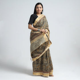 Brown Original Pedana Kalamkari Block Print Chanderi Silk Saree