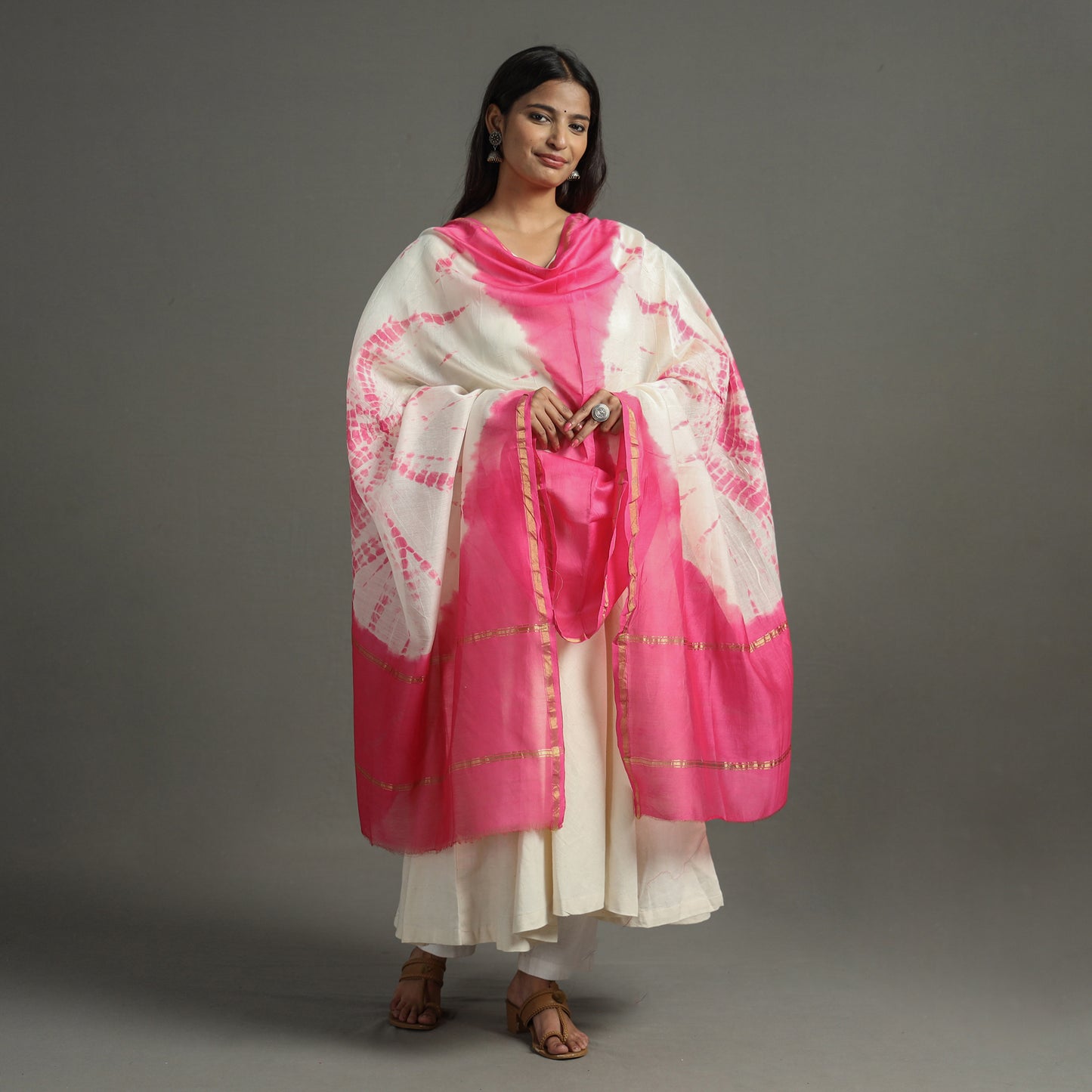 Pink - Shibori Tie-Dye Handloom Chanderi Silk Dupatta with Zari Border 47