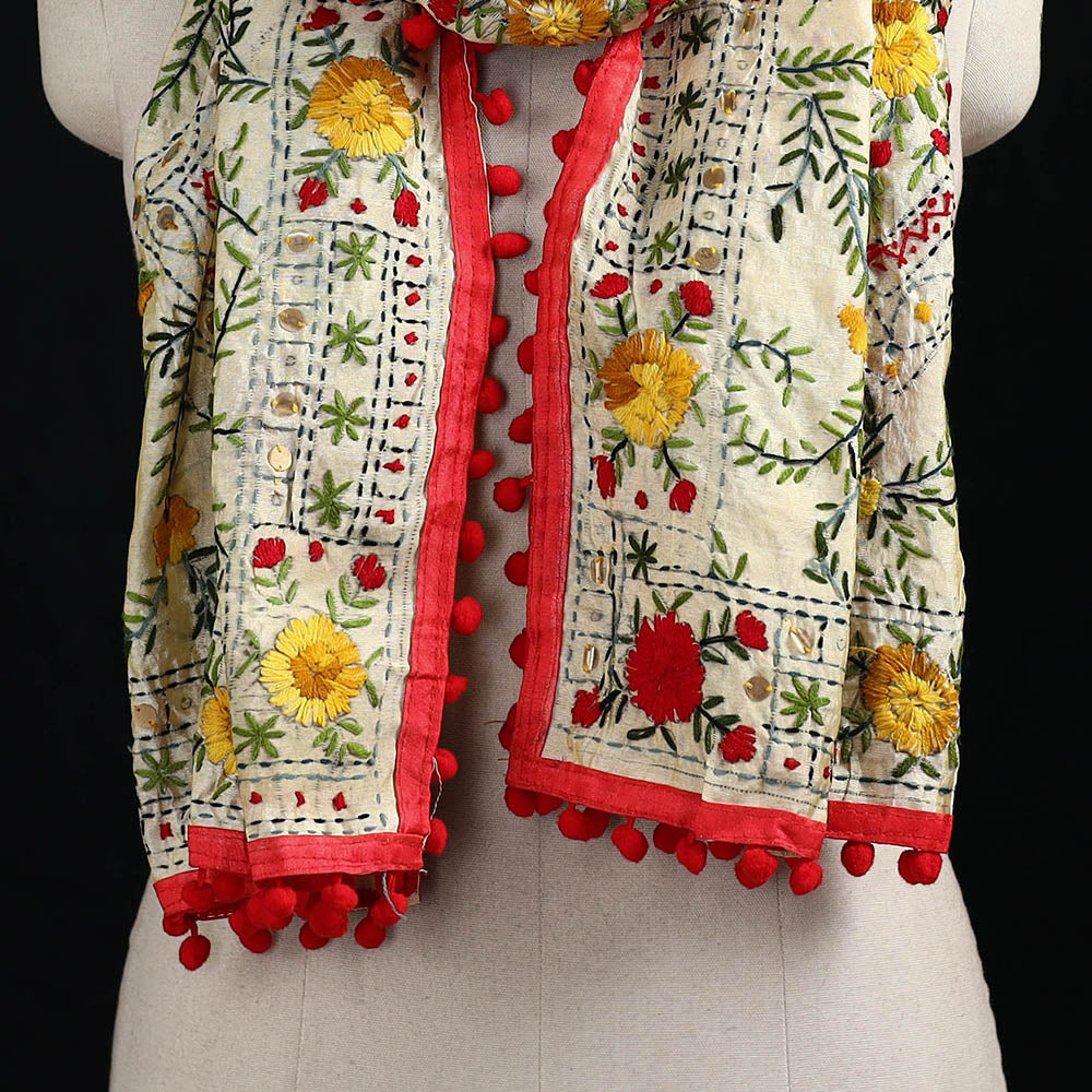 Ranihati Chanderi Silk Hand Embroidered Stole with Pom Pom 147