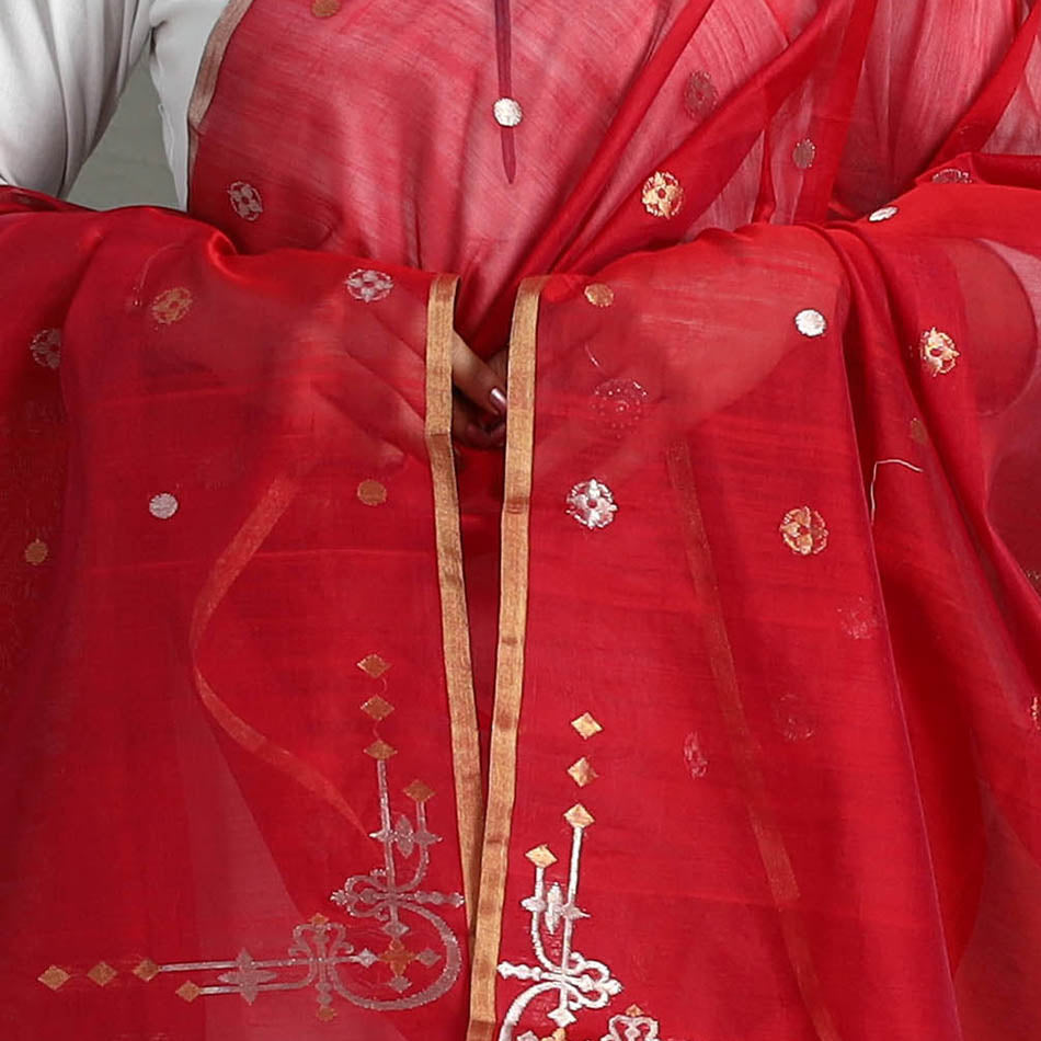 Red - Handloom Silk Cotton Zari Buti Chanderi Dupatta 16