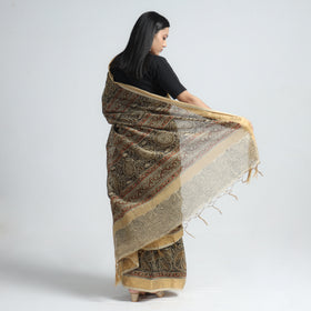 Brown Original Pedana Kalamkari Block Print Chanderi Silk Saree