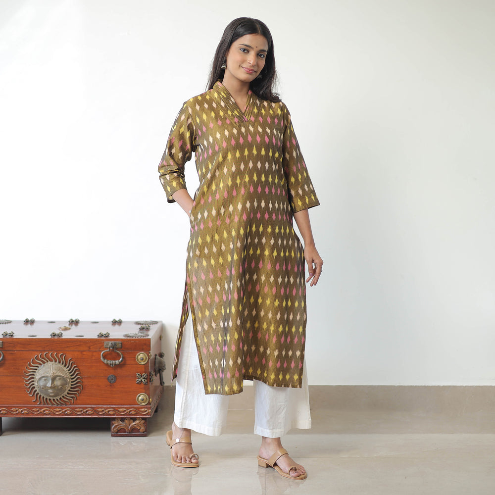 Green - Mercerised Cotton Pochampally Ikat Kurta (Straight) 12