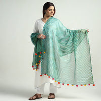 Green - Leheriya Tie-Dye Mothra Kota Doria Cotton Dupatta with Tassels 30