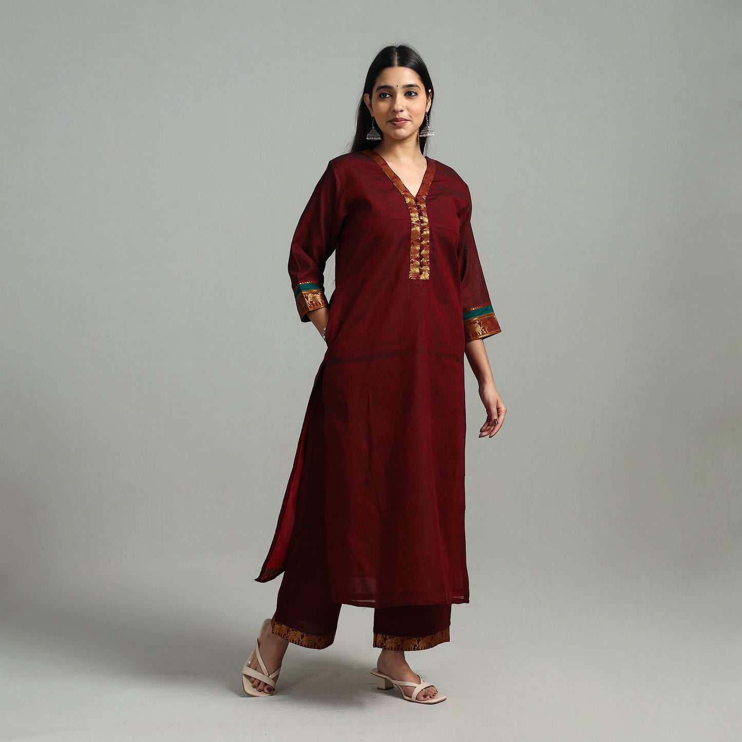 Maroon - Cotton Dharwad Kurta Set with Palazzo & Dupatta 11