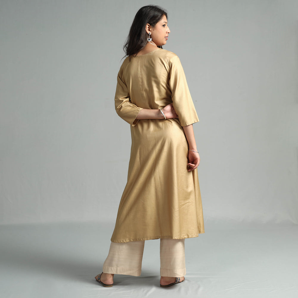 Beige - Ochre Tussar Silk Plain Kurta