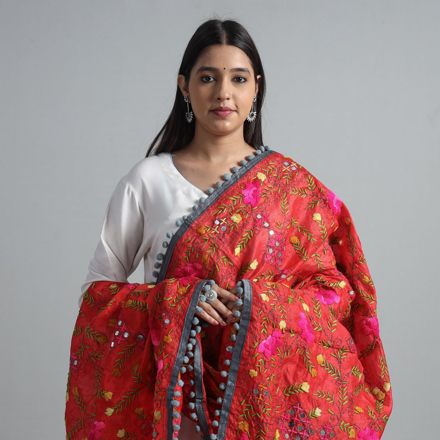 Red - Ranihati Chanderi Silk Chapa Work Phulkari Embroidered Dupatta with Pom Pom 69