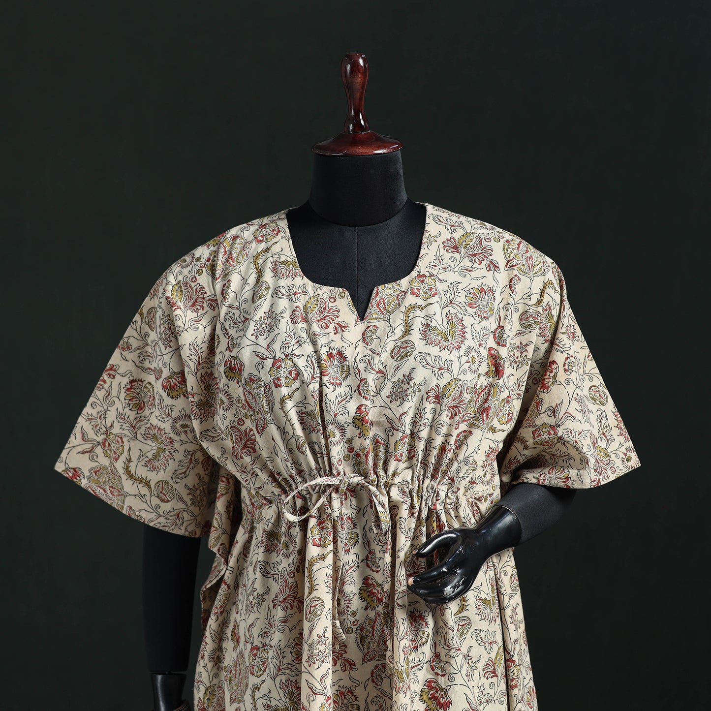 Beige - Kalamkari Hand Block Print Natural Dyed Cotton Kaftan (Short) 14