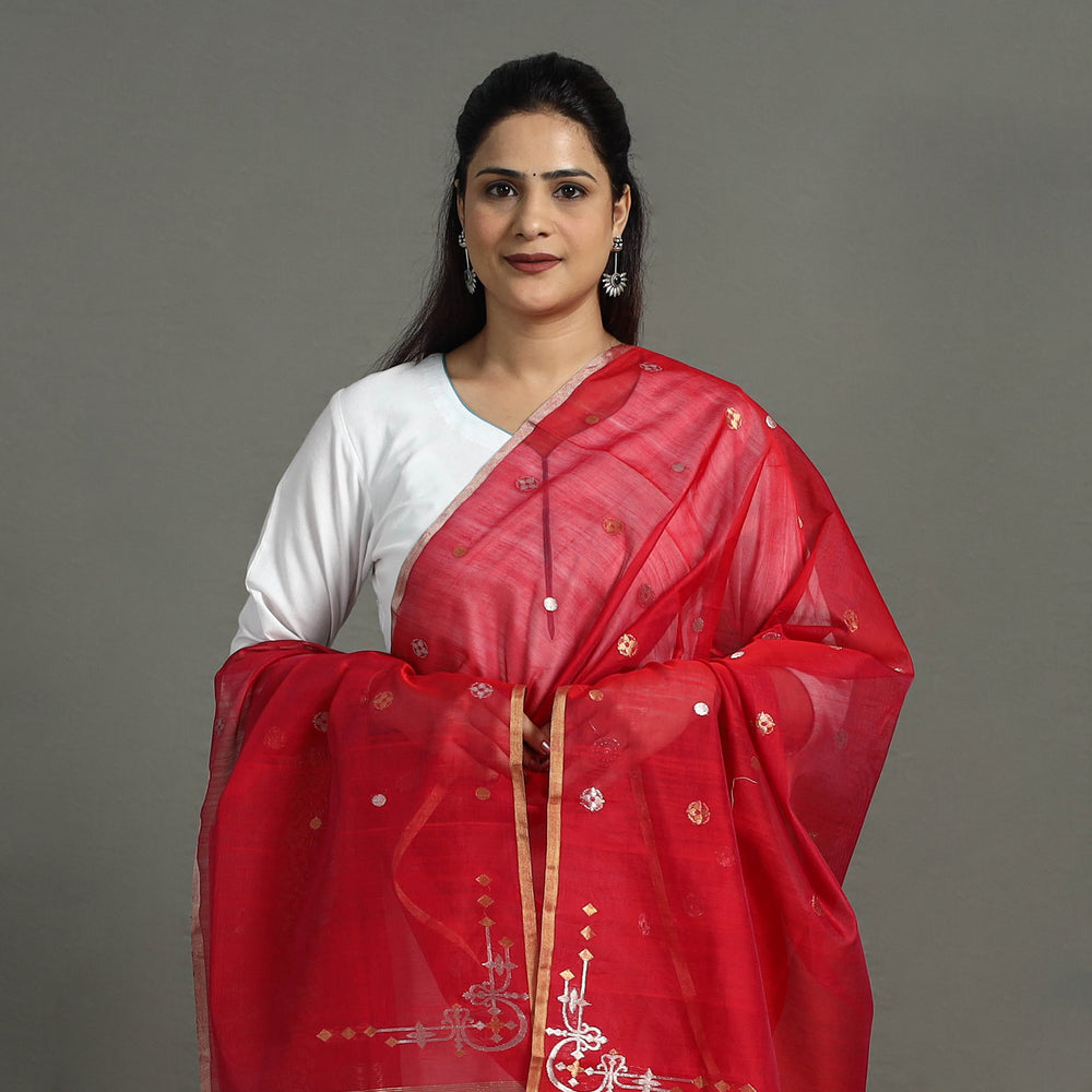 Red - Handloom Silk Cotton Zari Buti Chanderi Dupatta 16