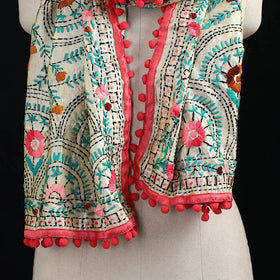 Ranihati Chanderi Silk Hand Embroidered Stole with Pom Pom 148
