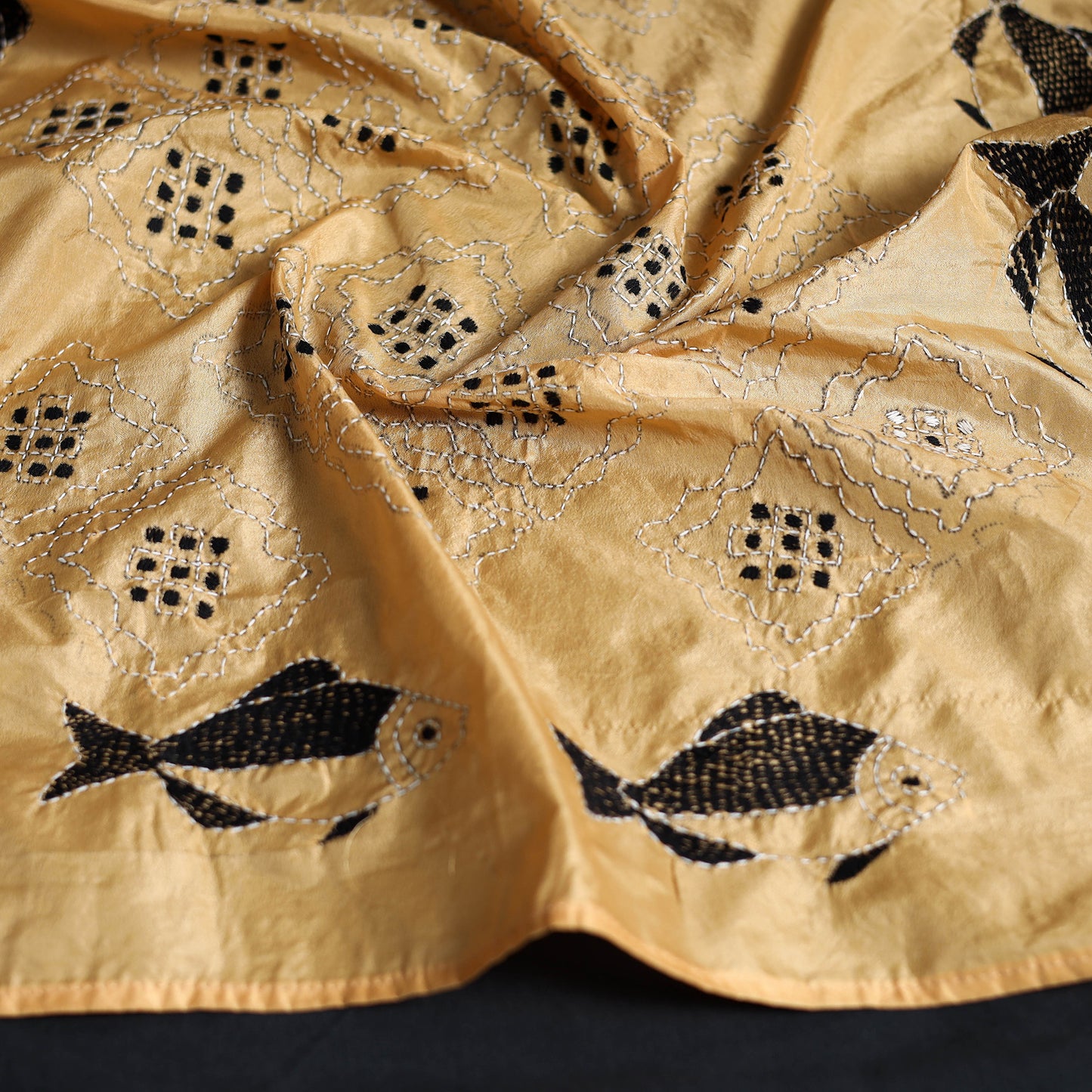 Yellow - Handloom Tussar Silk  Bengal Kantha Work Stole 60