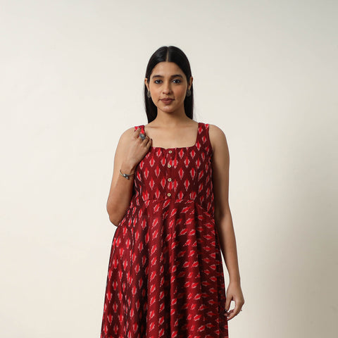 Red - Mercerized Cotton Flared Pochampally Ikat Dress 17