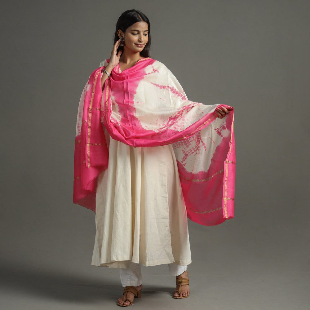 Pink - Shibori Tie-Dye Handloom Chanderi Silk Dupatta with Zari Border 47