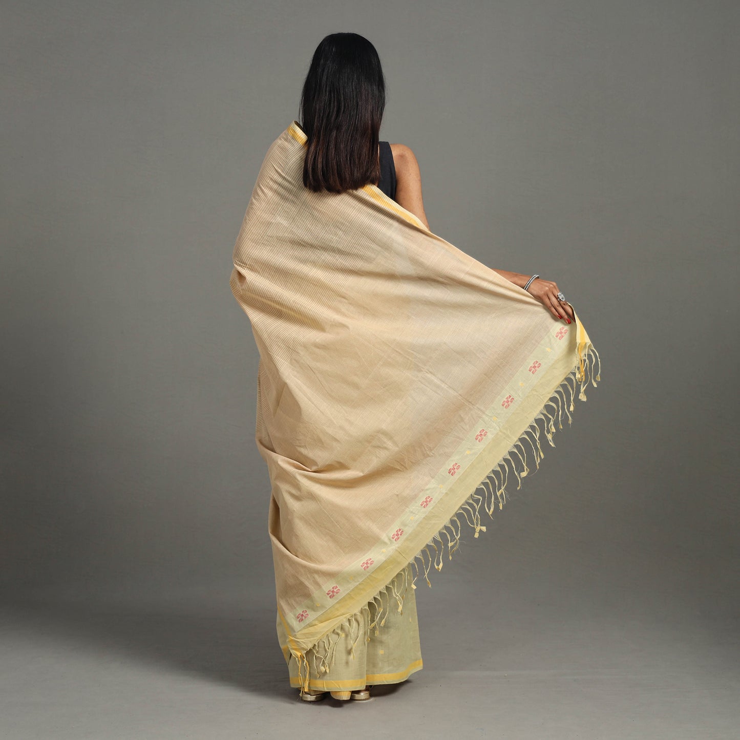 Yellow - Pinwheel Jamdani Cotton Handspun Saree 37