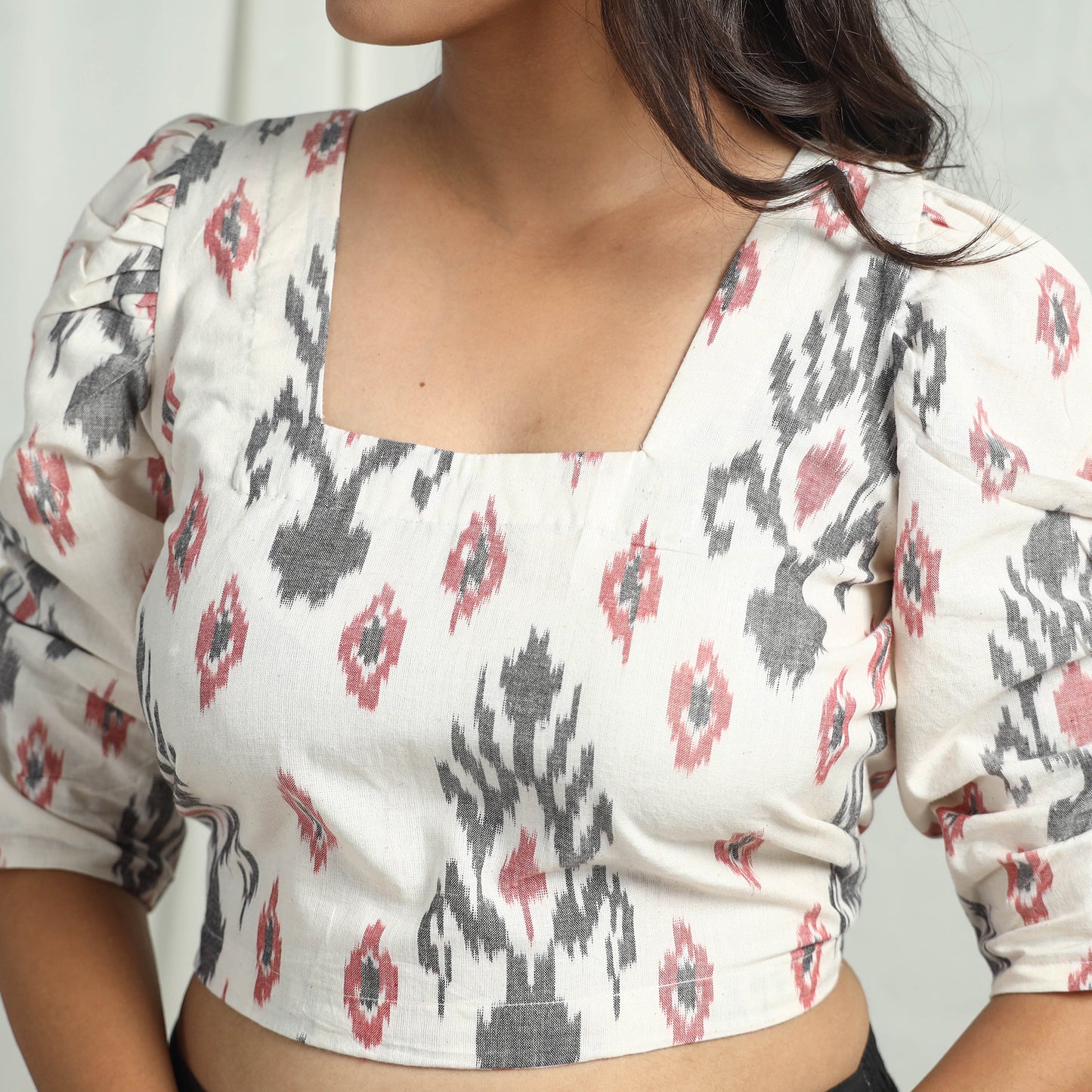 White - Handloom Cotton Central Asian Pochampally Ikat Crop Top 09