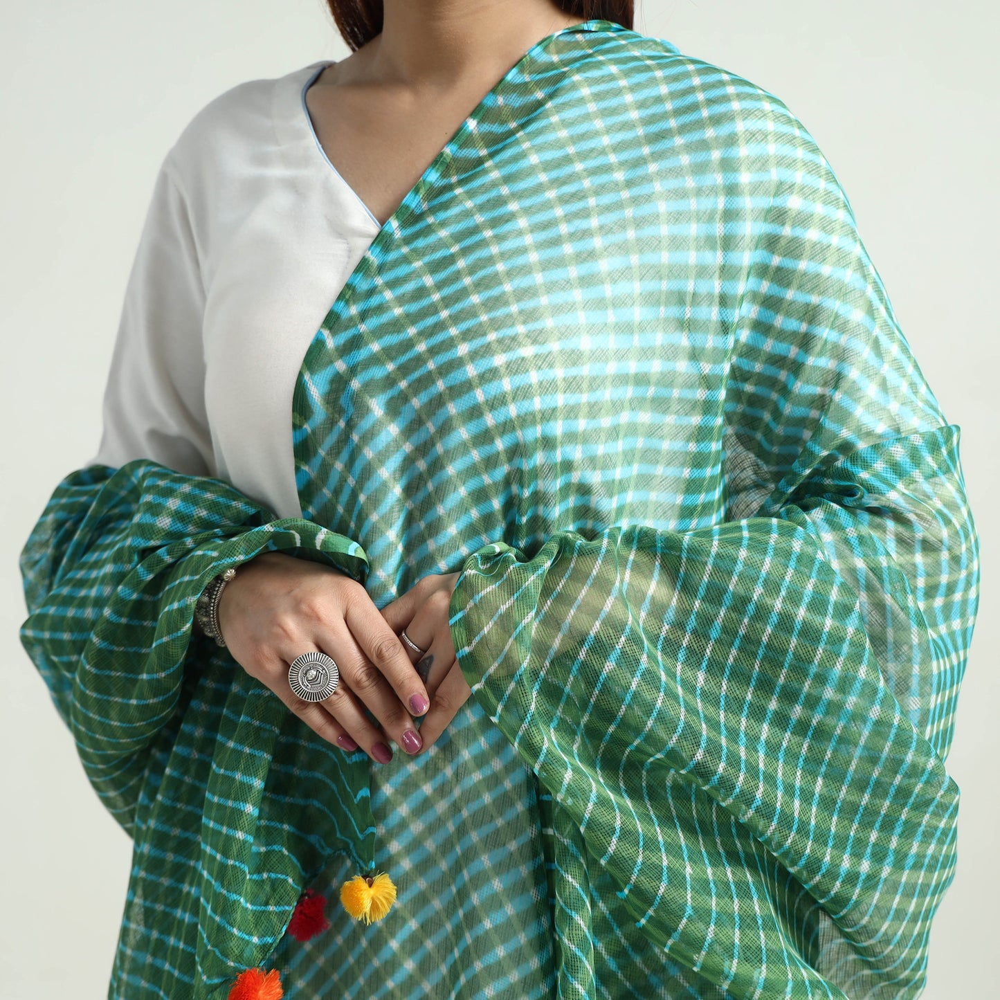 Green - Leheriya Tie-Dye Mothra Kota Doria Cotton Dupatta with Tassels 30