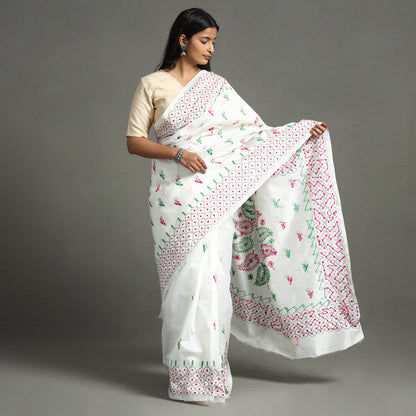 White - Bengal Nakshi Kantha Embroidery Silk Saree
