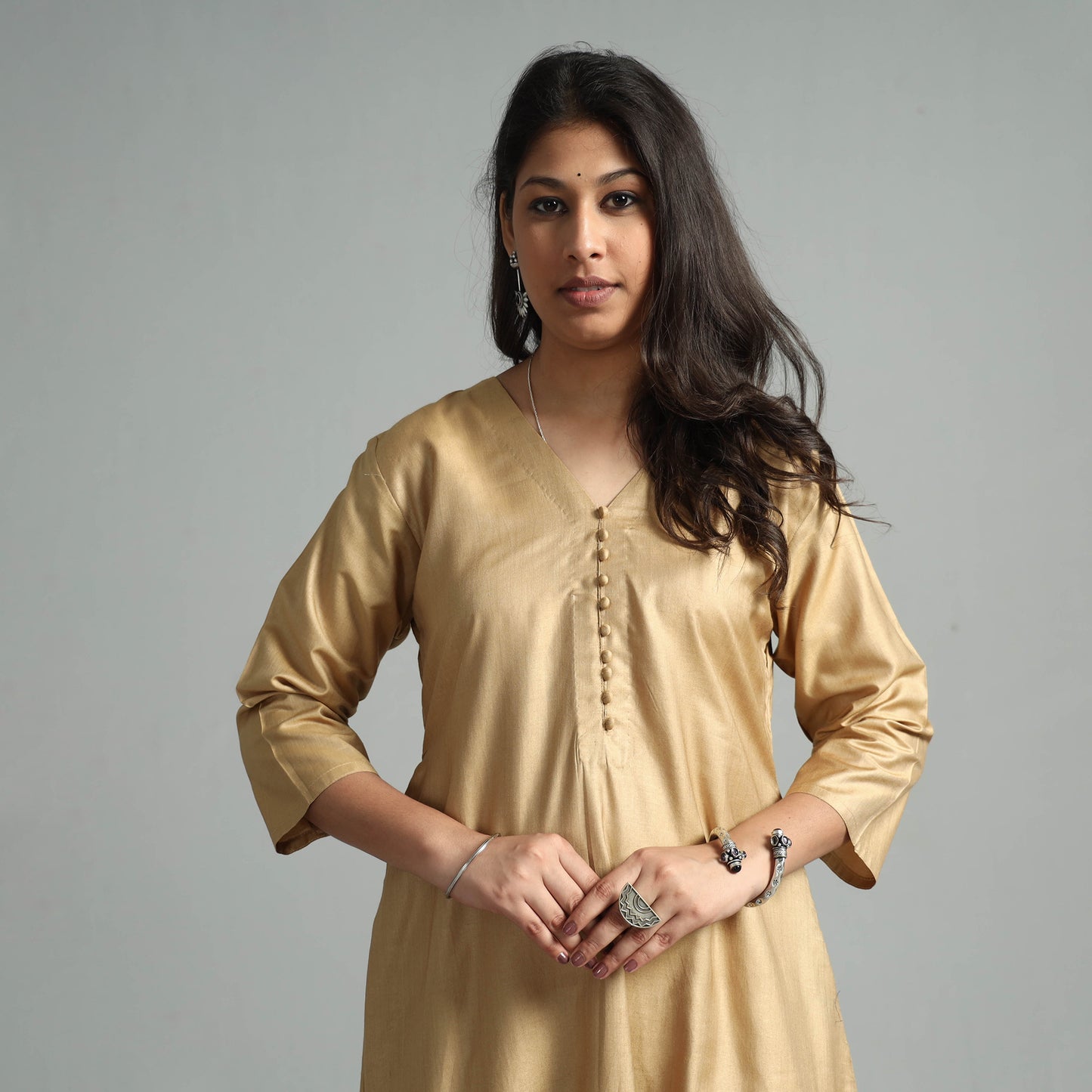 Beige - Ochre Tussar Silk Plain Kurta