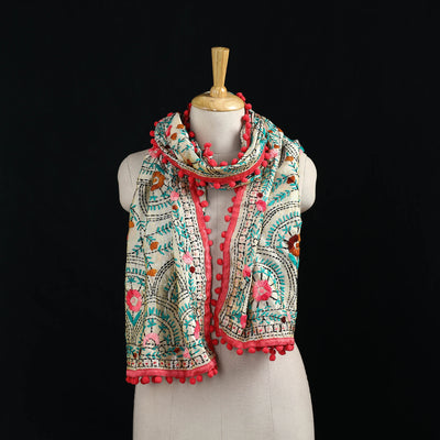 Ranihati Chanderi Silk Hand Embroidered Stole with Pom Pom 148