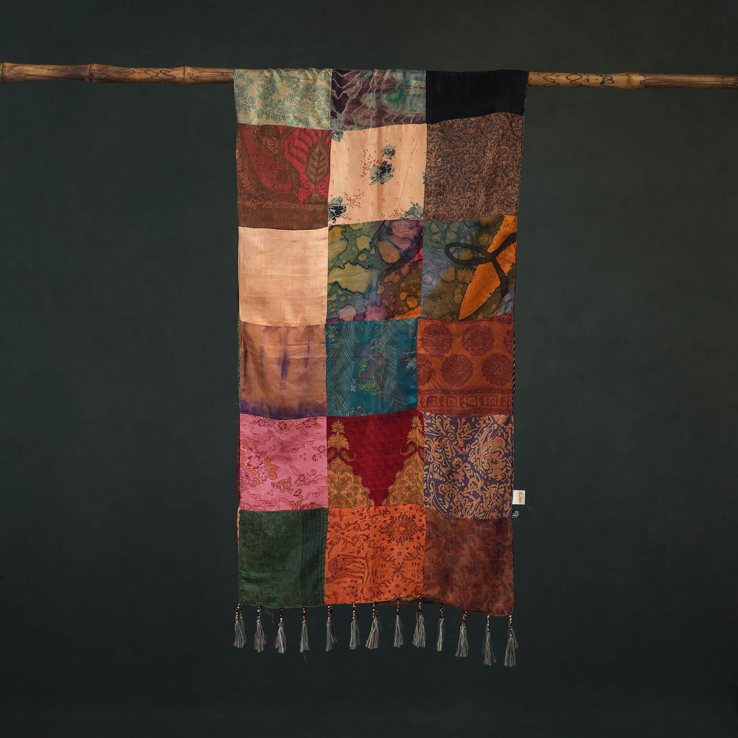 Pure Silk Reversible Patchwork Stole with Tassels 17