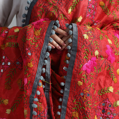 Red - Ranihati Chanderi Silk Chapa Work Phulkari Embroidered Dupatta with Pom Pom 69
