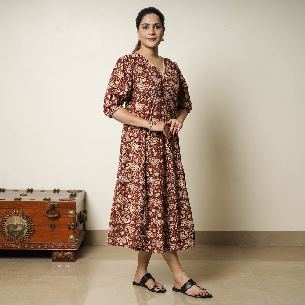 Red - Bagru Block Printed Cotton Flared Dress 02